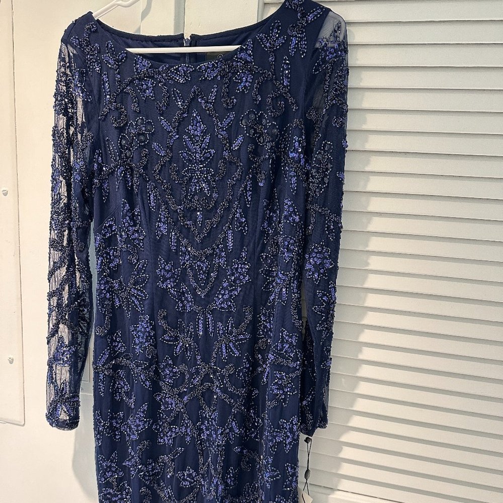 ADRIANNA PAPELL   Long Sleeve Beaded Cocktail Dress In Light Navy, size10